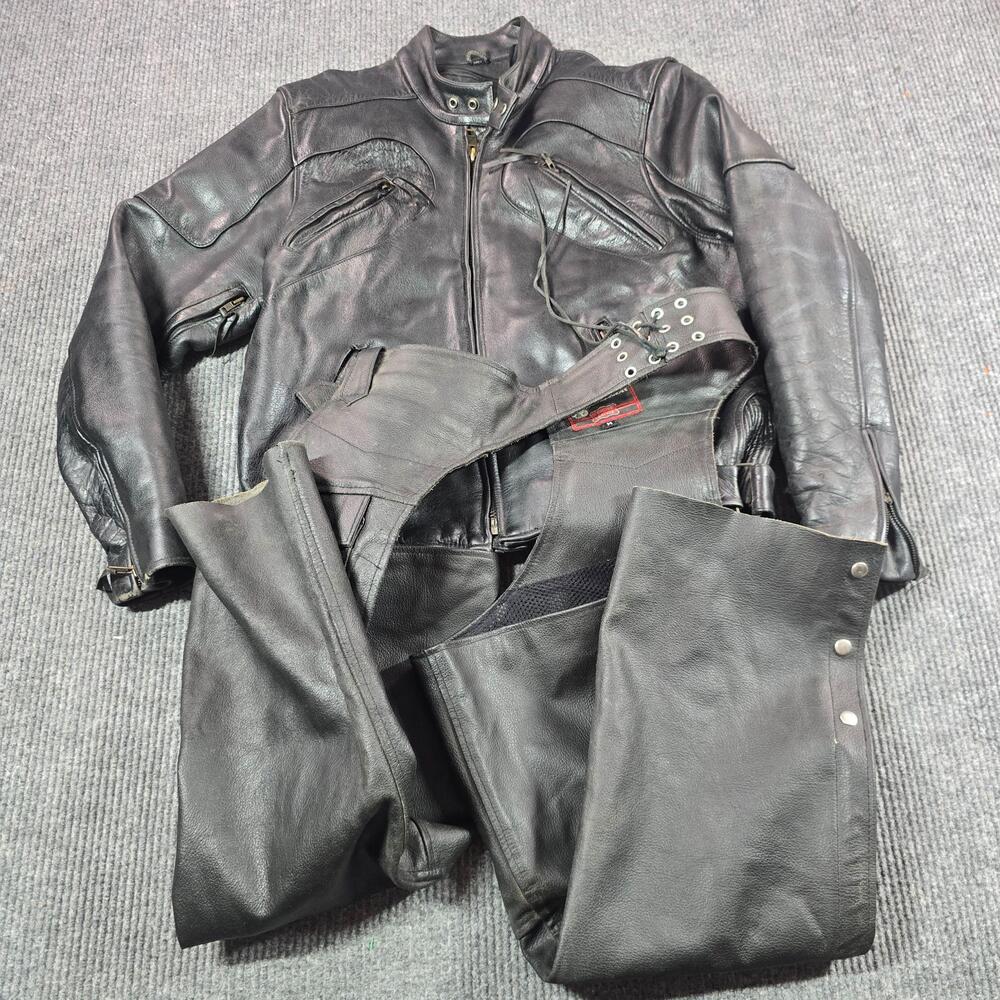 JR Leather Jacket Mens Medium Black Motorcycle Biker Zip Pockets Chaps